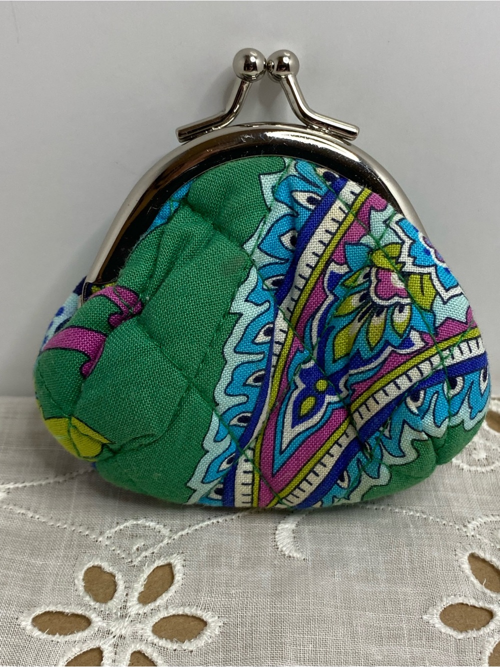 Vera Bradley Retired Green Paisley Quilted Kiss Lock Coin Purse Wallet